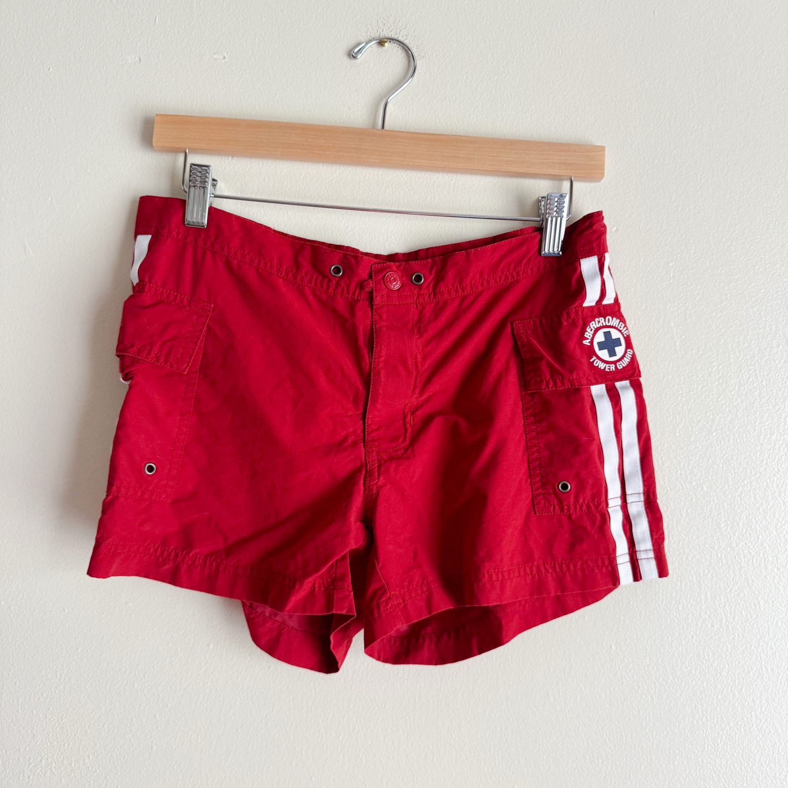 Abercrombie & Fitch Red + White Y2k Lifeguard Cargo Shorts Xs Swim Vintage
